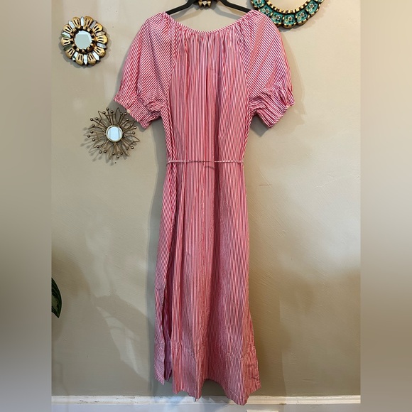 J. Crew Button-up MIDI Dress in Striped Cotton Poplin Medium Red White Oversized - Picture 11 of 13